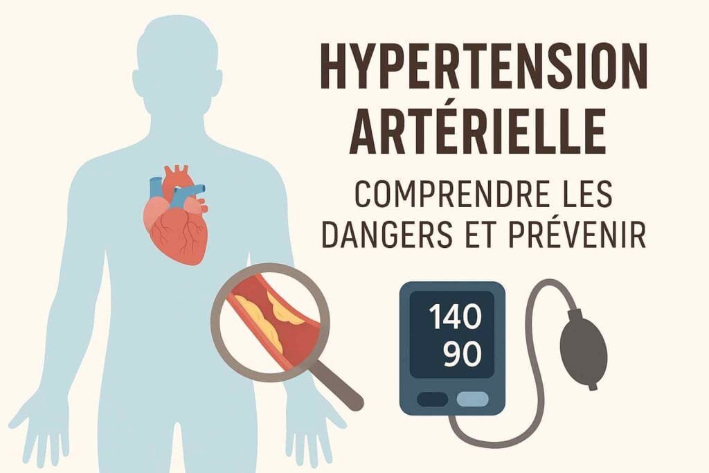 Illustration informative sur l’hypertension artérielle montrant le cœur, les artères et un tensiomètre – blog du Dr Houda Moubaraki, cardiologue à Salé.
