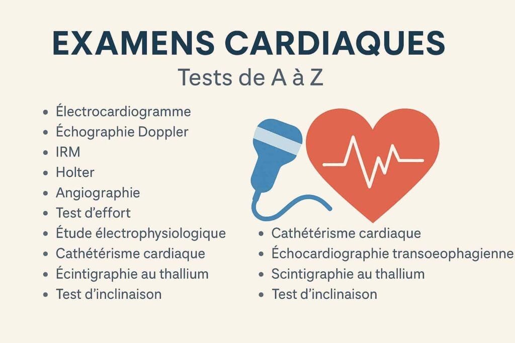 Infographie en français illustrant les examens cardiaques de A à Z, avec un cœur rouge, un appareil d’échographie et la liste des tests courants.